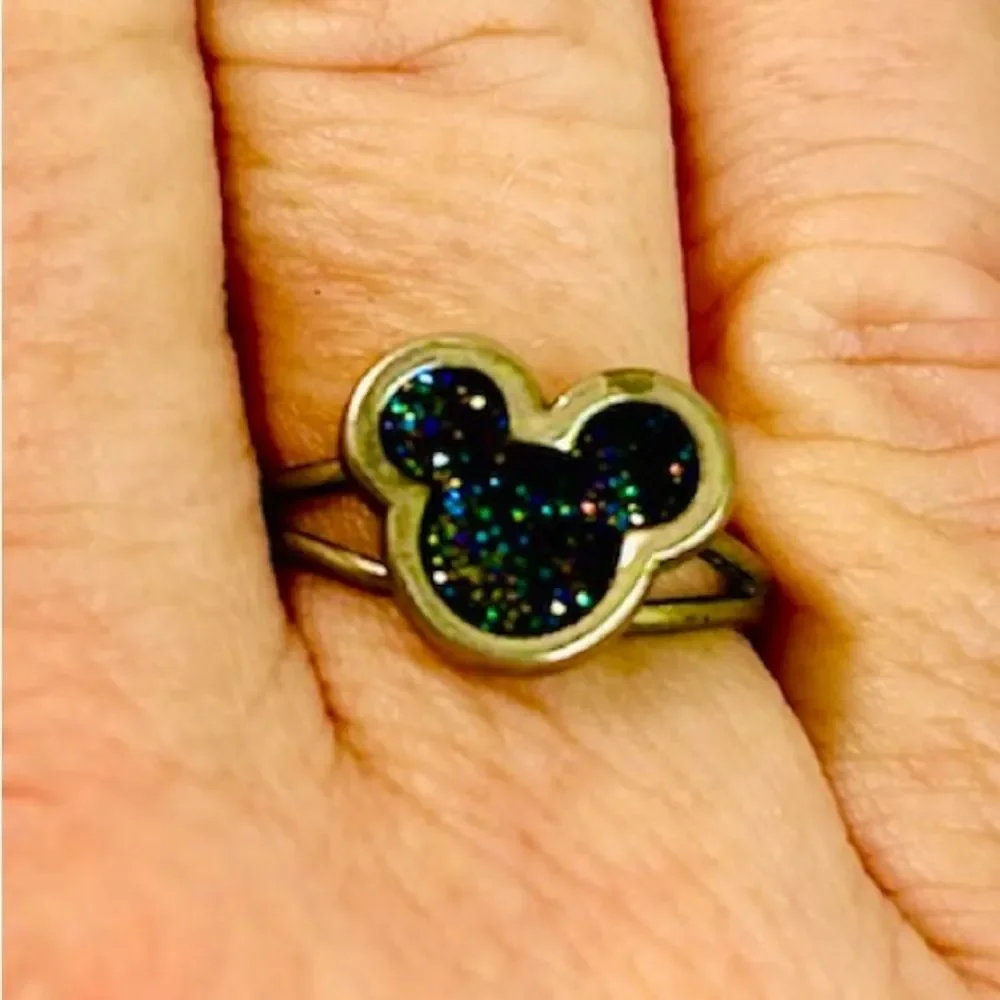 Disney Mickey Mouse Silver Tone Black Glitter Mouse Ears Ring Adjustable